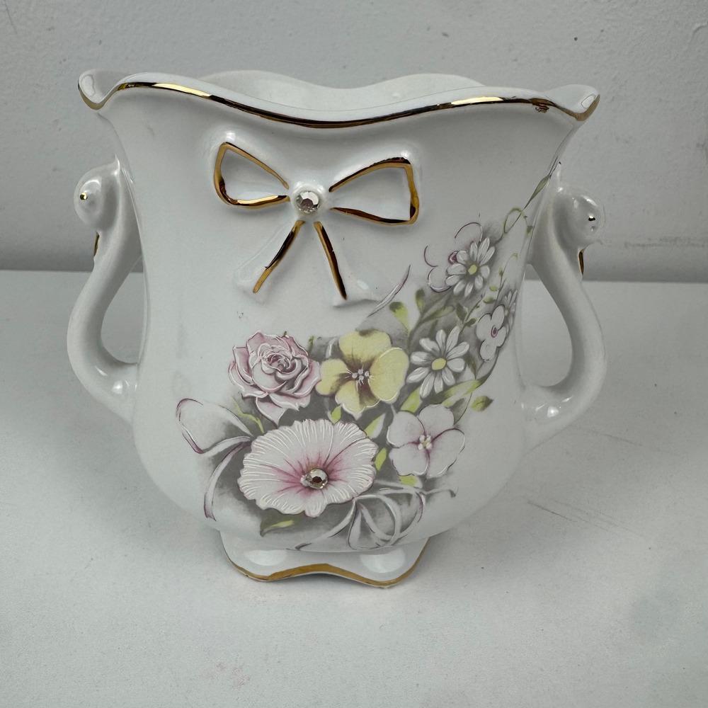 Vtg Valentin Italy Swan Handle Cachepot Planter Floral‎ Porcelain Gold Trim